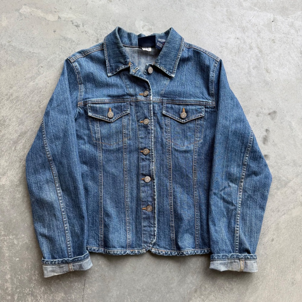 Bill Blass Jeanswear Womens Medium Wash Denim Trucker Jacket Size M Stretch Blue